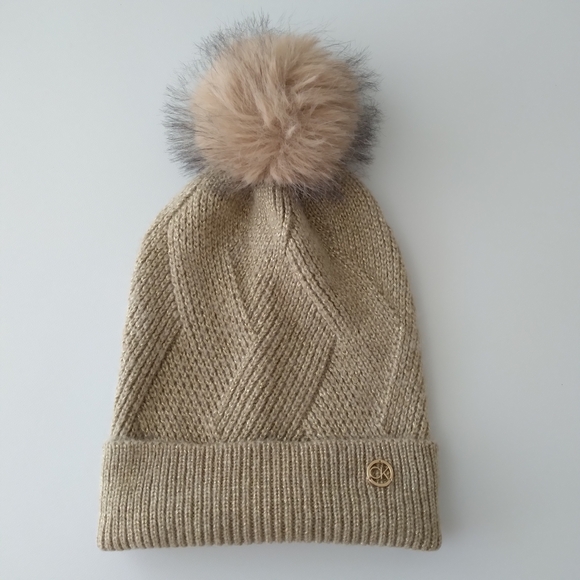 Calvin Klein Accessories - Clearance!LN! Calvin Klein Beige With Gold Shimmer Knit Beanie with Faux Fur Pom